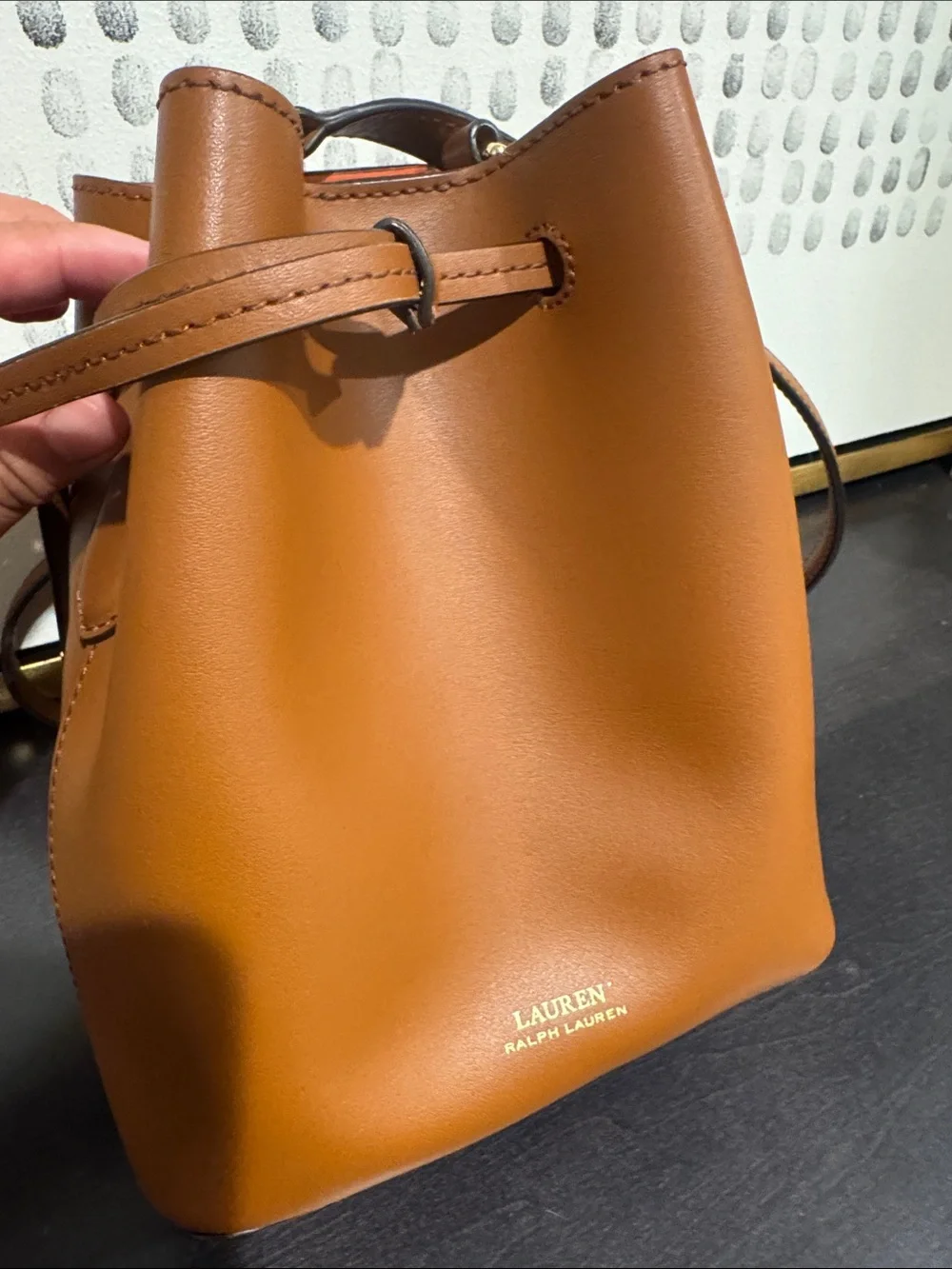 Ralph Lauren Brown Leather Drawstring Crossbody Bucket Bag